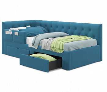 Купить односпальная кровать-тахта afelia с ящиками и бортиком 900 синяя с ортопедическим основанием | МебельСТОК