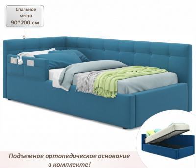 Купить односпальная кровать-тахта bonna 900 с защитным бортиком синяя и подъемным механизмом | МебельСТОК